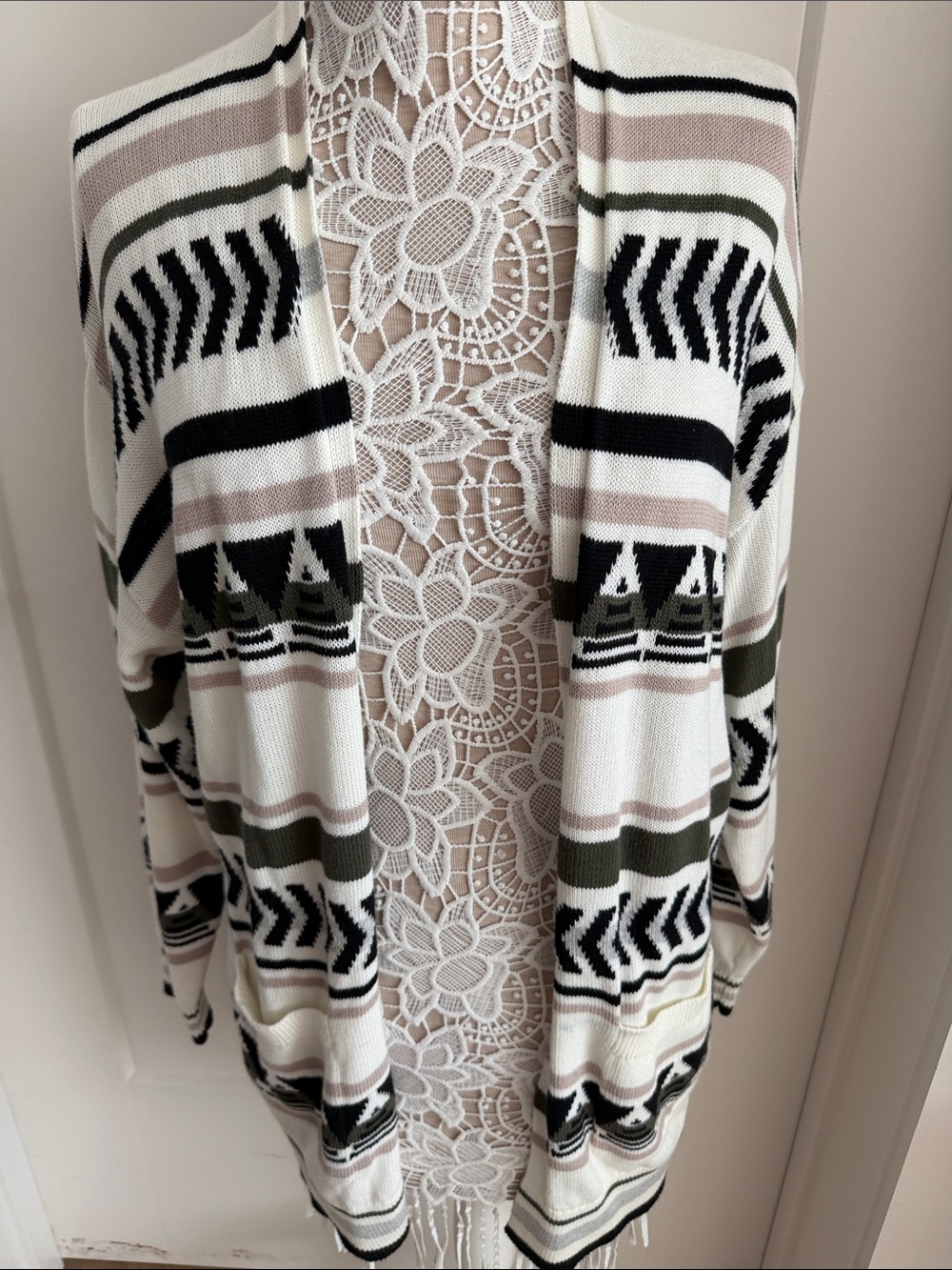 Express Ivory Open-Front Aztec Stripe Cardigan with Black and Olive Accents